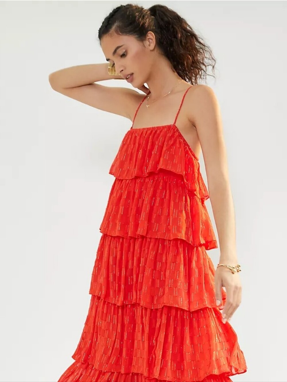 Anthropologie Red Tiered Ruffle Midi Dress with Gold Accents Size Large - Picture 12 of 12